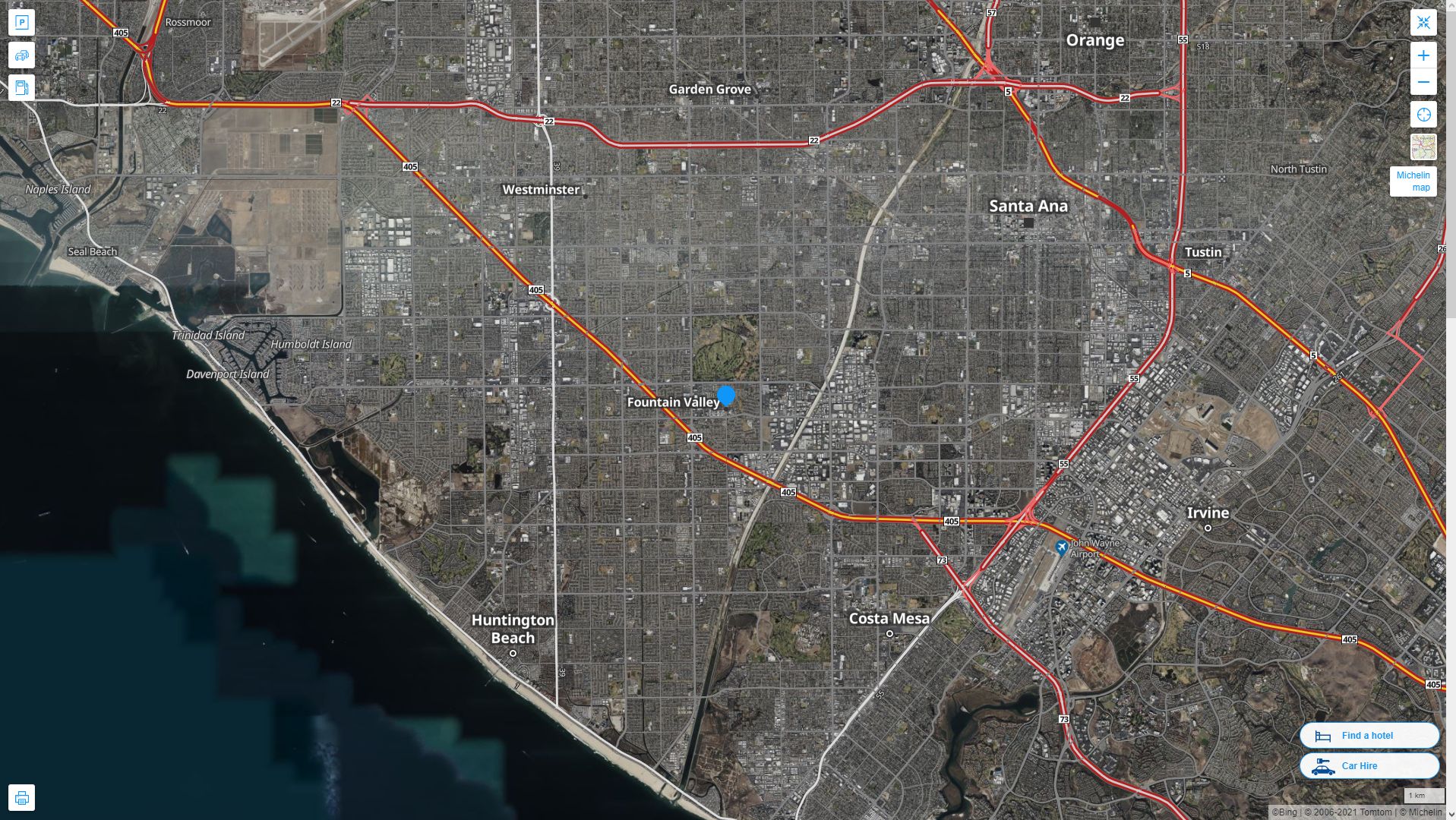 Fountain Valley California Highway and Road Map with Satellite View